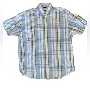 Nautica Mens Size XL Blue Yellow White Short Sleeve Button Down Shirt